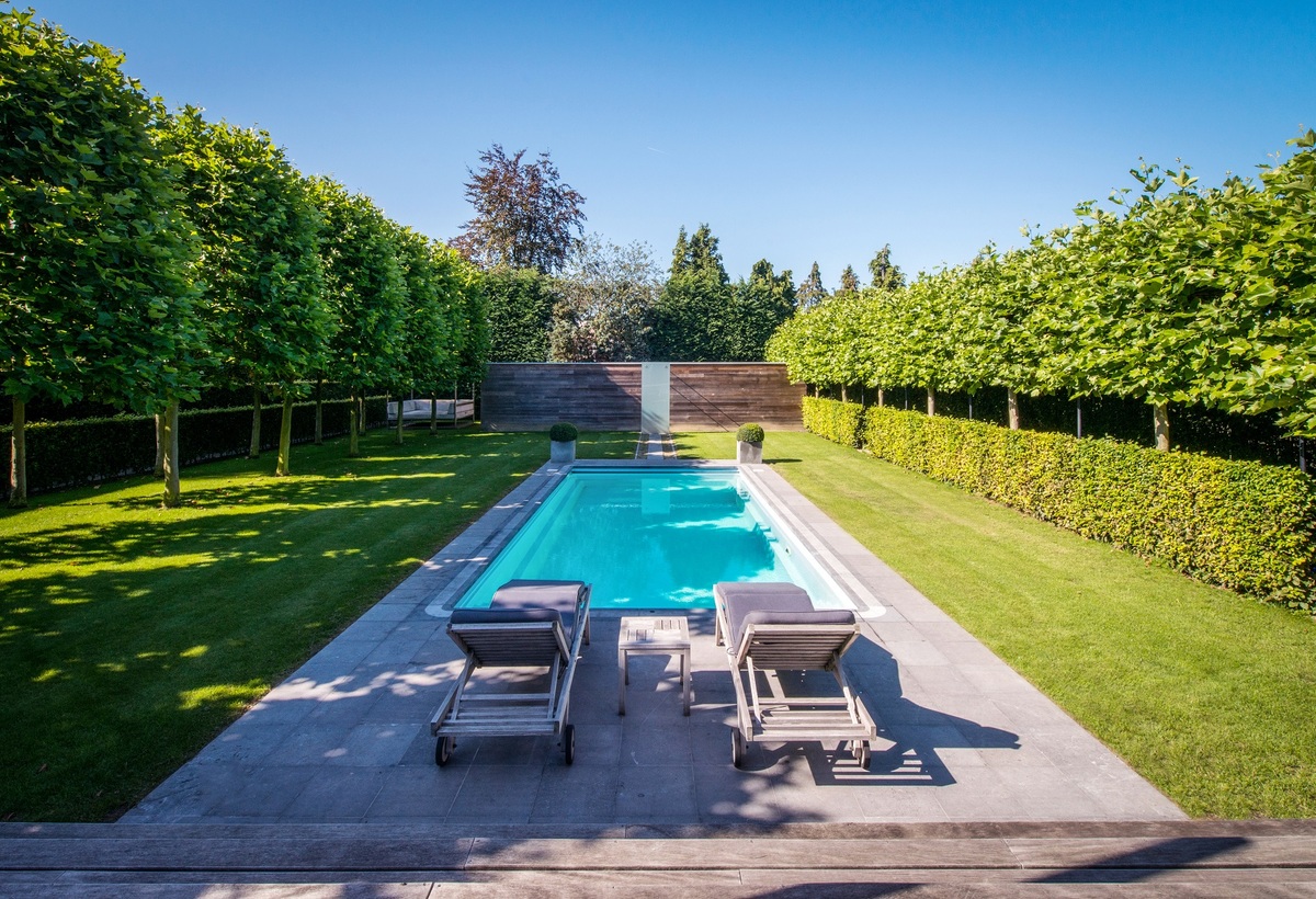 Ein moderner Garten mit Pool, umgeben von grünen Hecken und zwei Liegestühlen aus Holz.