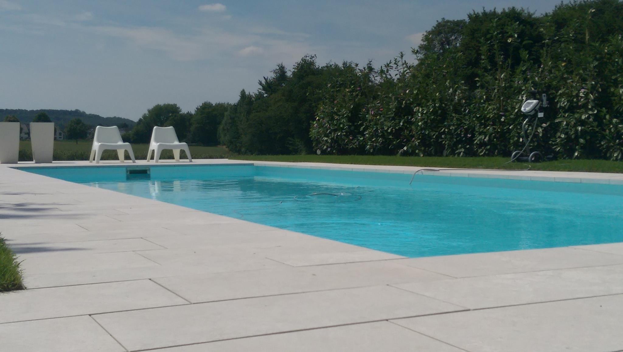 Ein leerer Pool mit zwei weißen Liegestühlen und grünen Büschen im Hintergrund.