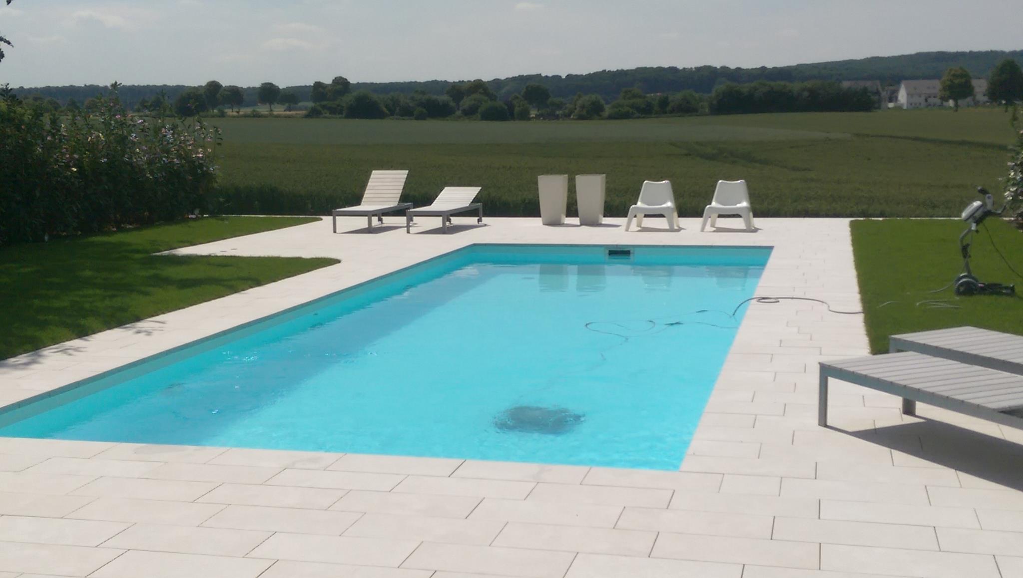 Ein moderner Pool mit Liegen, umgeben von einer Wiese, vor einer grünen Landschaft.