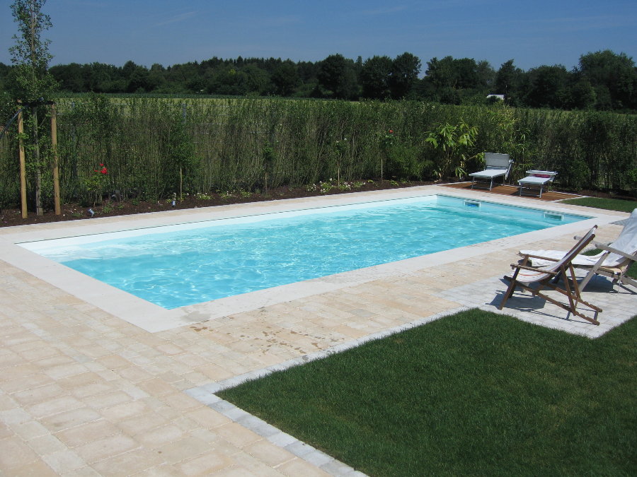 Ein rechteckiger Pool im Freien mit klarem blauem Wasser, umgeben von Liegestühlen und Garten.
