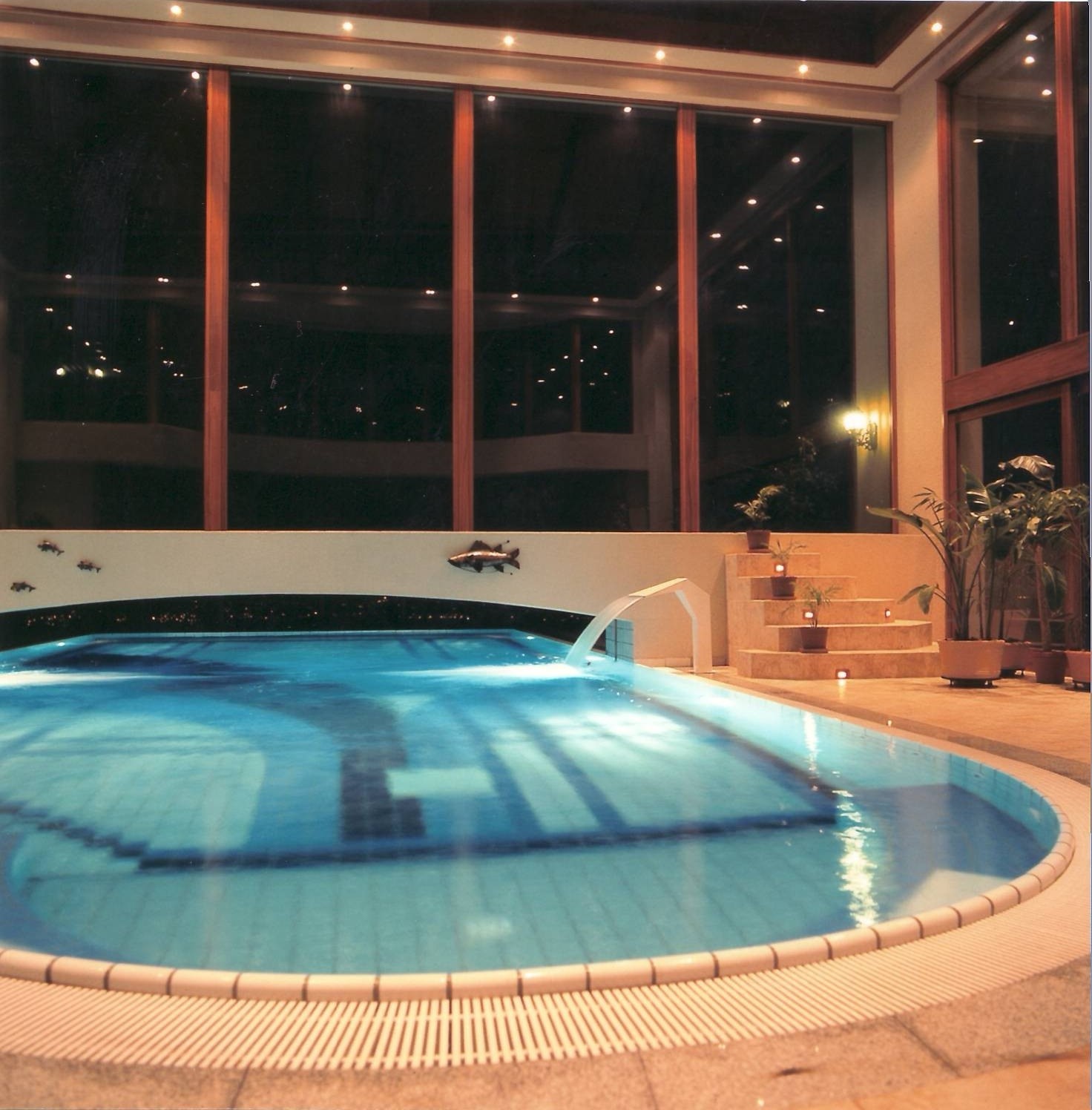Innenpool mit blauer Beleuchtung, Holzverkleidung und großen Fenstern bei Nacht.