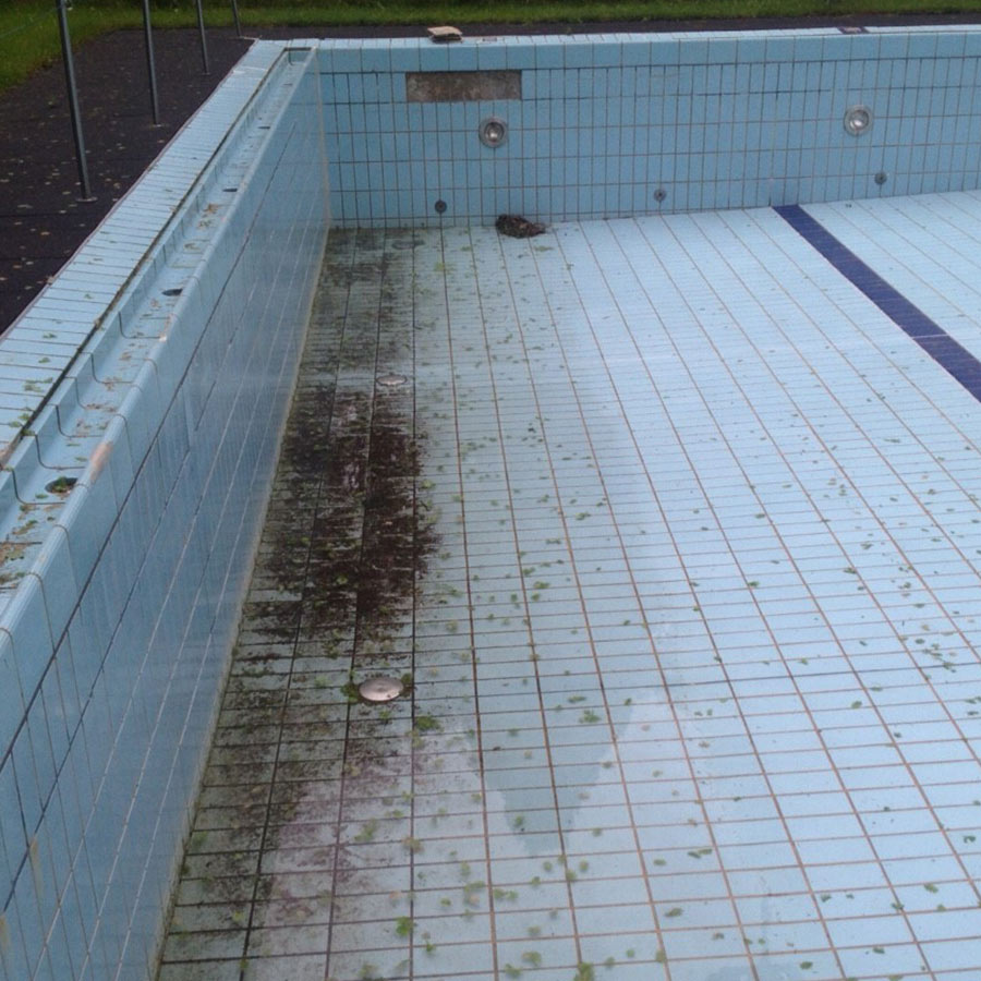 Leeres Schwimmbecken mit blau-weißen Kacheln, Algen und Schmutz im unteren Bereich.